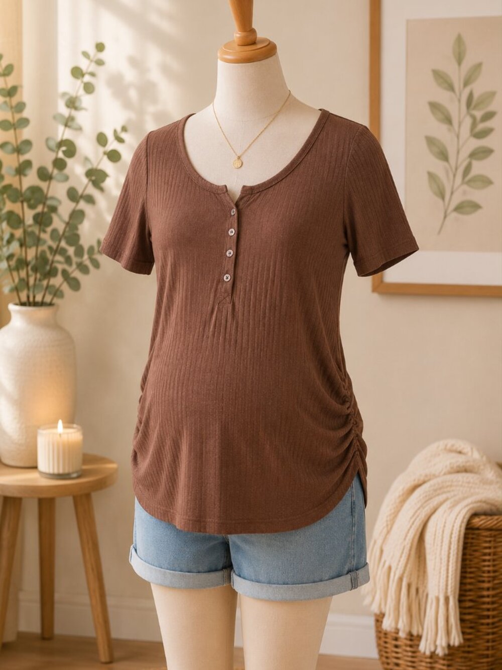 Ingrid & Isabel Brown Ruched Maternity Henley Tee Shirt Small